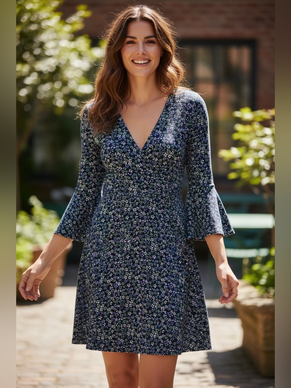 Gap Floral Bell Sleeve Mini Dress Navy Blue NWT L